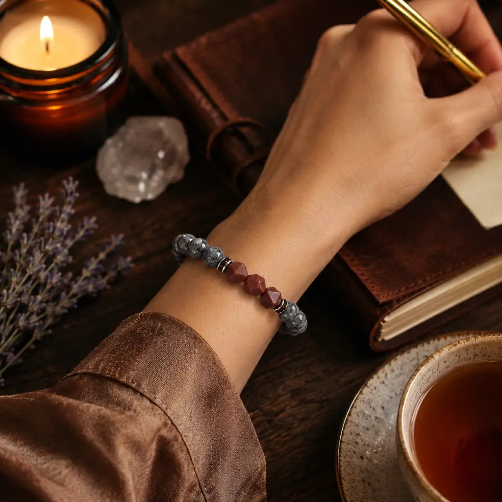 Map stone jasper bracelet worn while journaling with candle, tea, and lavender for soothing ritual style and daily wear