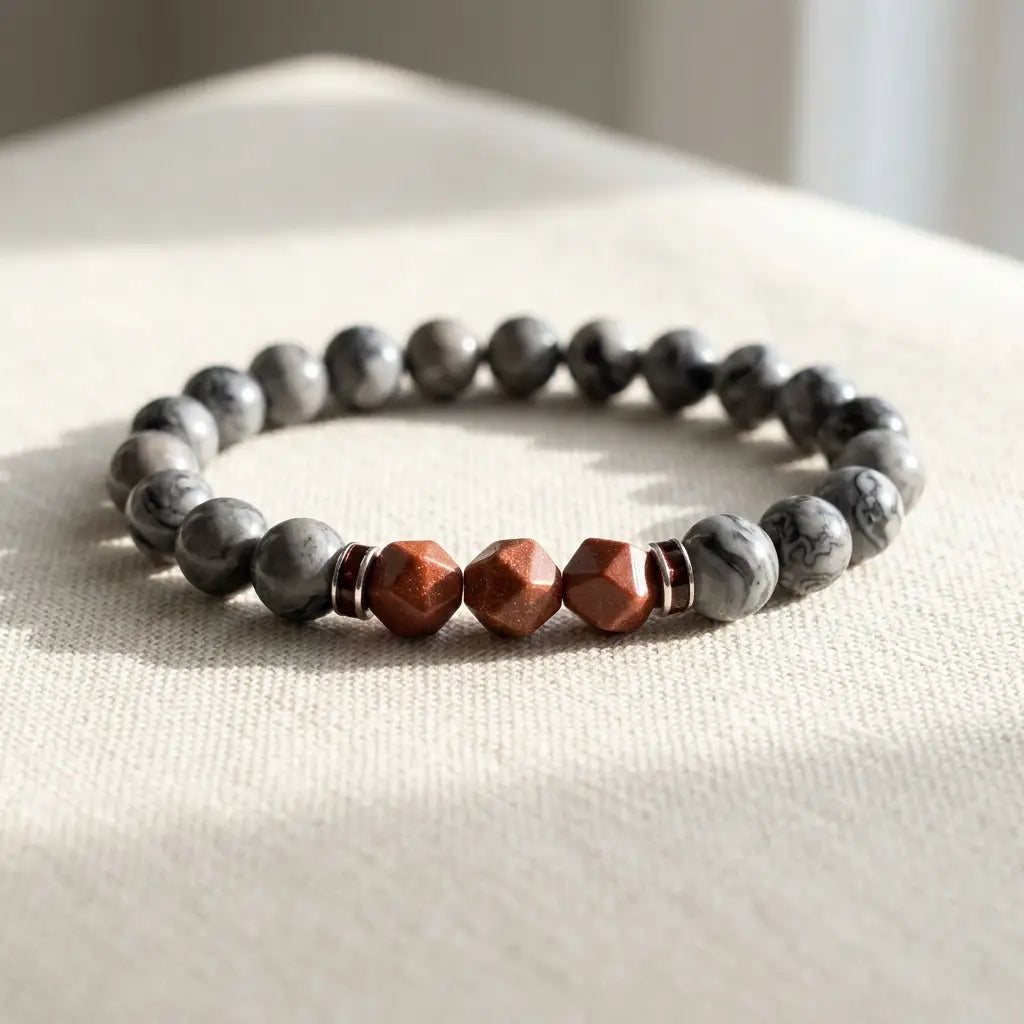 Map stone jasper bracelet on soft cream fabric with gray beads and red accents for minimalist wellness style now