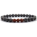 Map stone jasper bracelet product photo with gray round beads, red faceted stones, and clean white background view