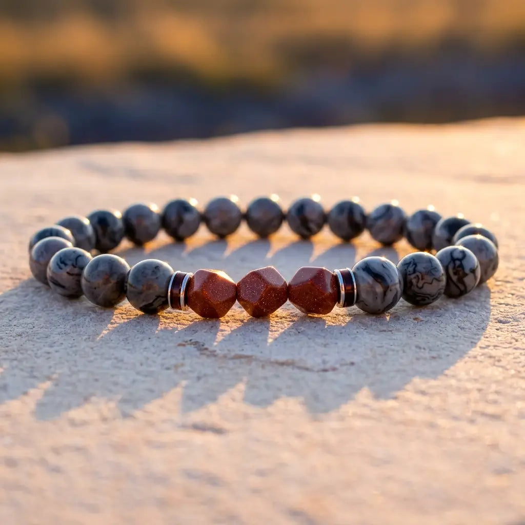 Map stone jasper bracelet displayed at sunset with gray marbled beads and red crystal accents for radiant energy