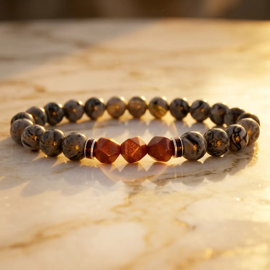 Map stone jasper bracelet on bright marble with sparkling red focal beads and gray stones for uplifting style now