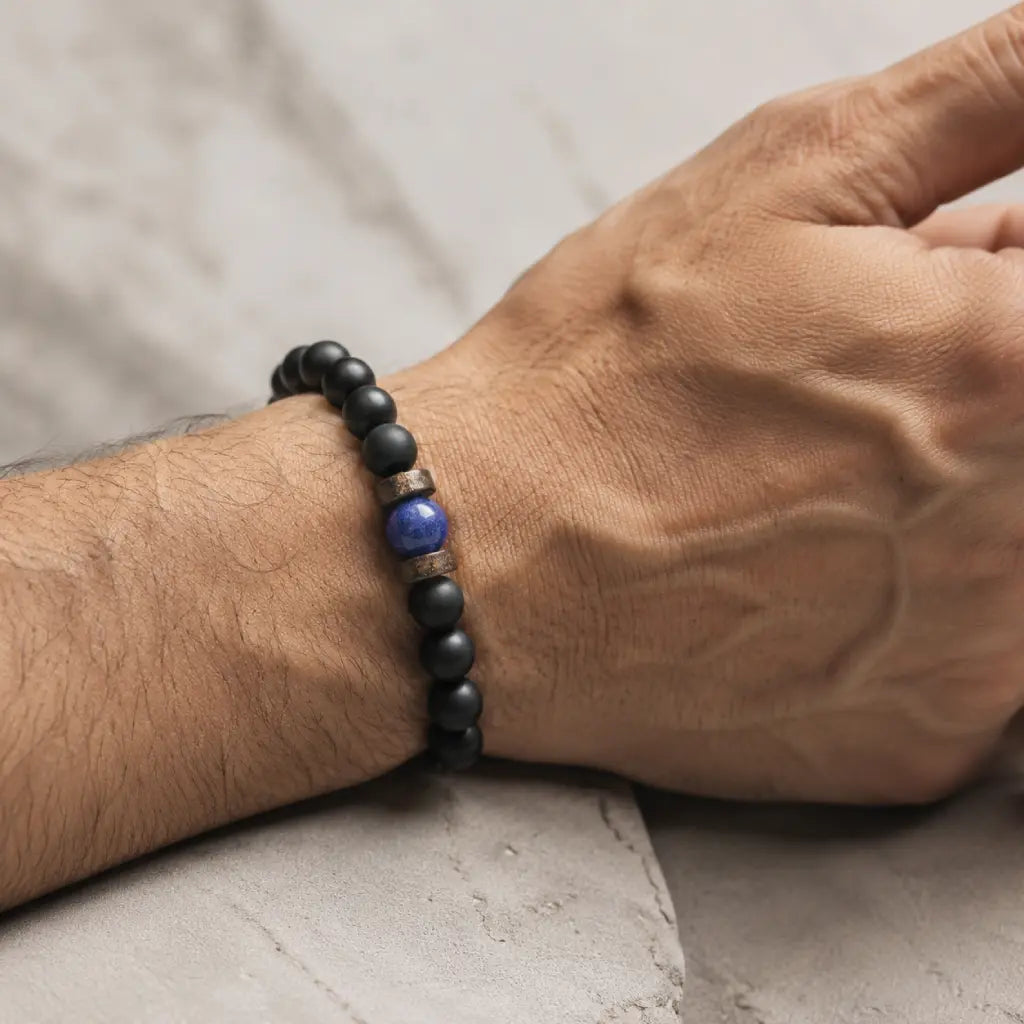 Matte black onyx and lapis lazuli men's beaded bracelet with bronze spacers, natural gemstone crystal healing wrist jewelry for men