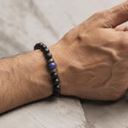 Matte black onyx and lapis lazuli men's beaded bracelet with bronze spacers, natural gemstone crystal healing wrist jewelry for men