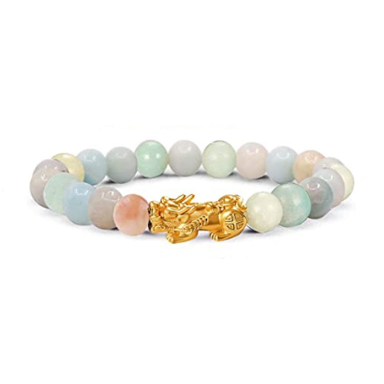 Morganite bracelet with soft pink, peach, cream, and pale green polished beads, centered by a gold Pixiu charm on a clean white background for a clear product view in full details.