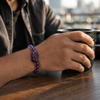 Natural amethyst bracelet worn casually with purple gemstone beads for stylish crystal jewelry expression
