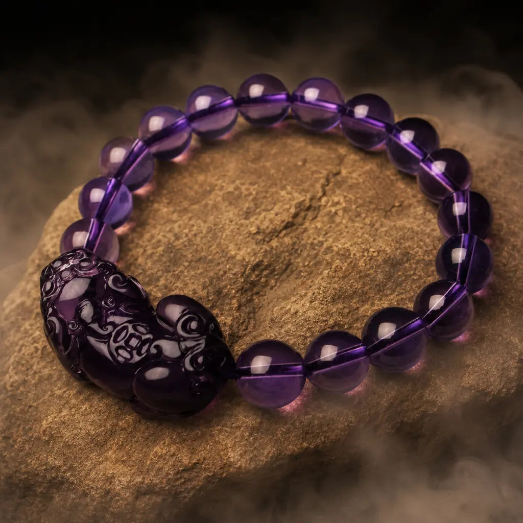 Natural amethyst bracelet with polished crystal beads and Pixiu charm on stone background for spiritual beauty