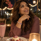 Natural Rose Quartz Amethyst Clear Quartz Crystal bracelet worn during dinner with romantic evening jewelry styling.