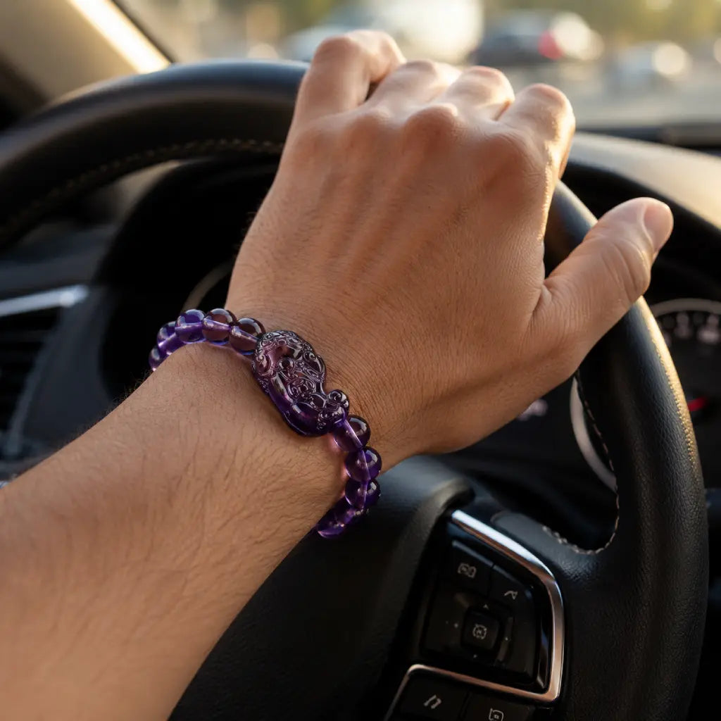 Natural amethyst bracelet worn while driving with gemstone beads and healing crystal accessory styling
