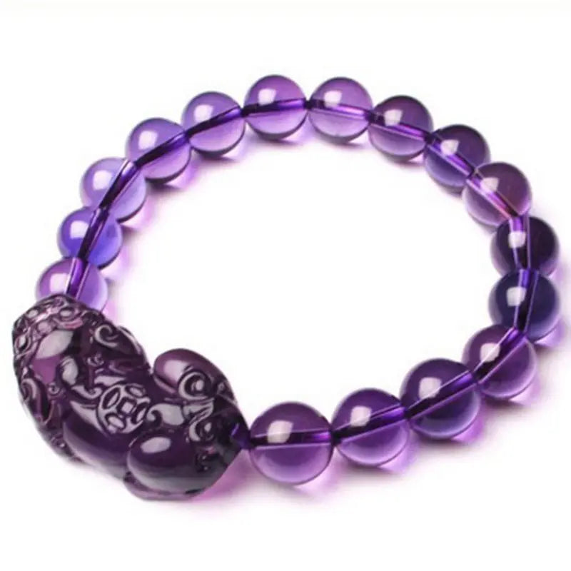 Natural amethyst bracelet with polished purple crystal beads and Pixiu charm, healing gemstone jewelry for style