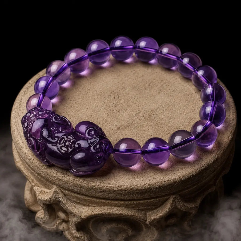 Natural amethyst bracelet with purple crystal beads and Pixiu charm on carved stone display for luxury appeal