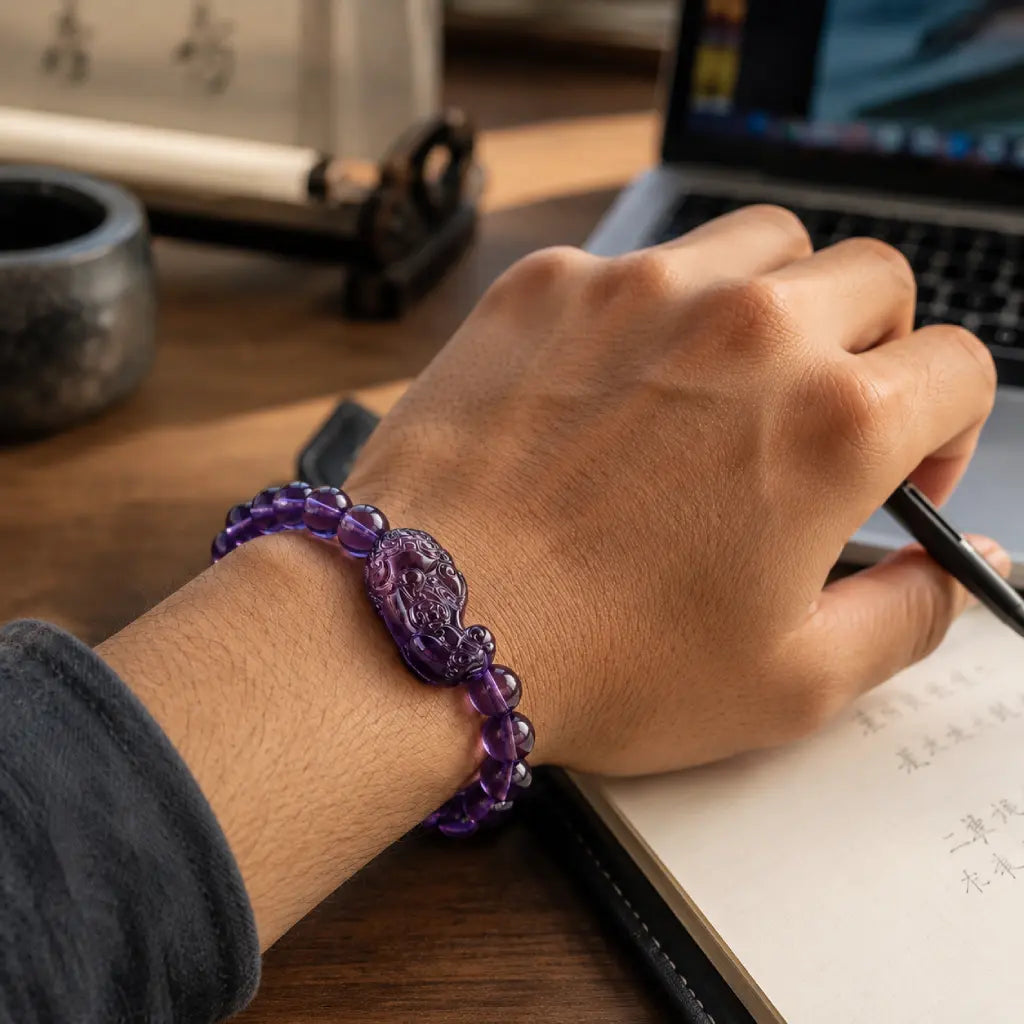 Natural amethyst bracelet worn at workspace featuring crystal jewelry and gemstone energy styling benefits