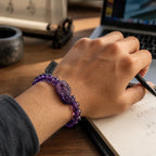 Natural amethyst bracelet worn at workspace featuring crystal jewelry and gemstone energy styling benefits