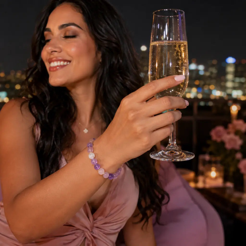Natural Rose Quartz Amethyst Clear Quartz Crystal bracelet worn with champagne styling for refined celebration fashion.