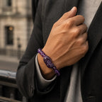 Natural amethyst bracelet paired with formal wear showing crystal jewelry and luxury gemstone appeal