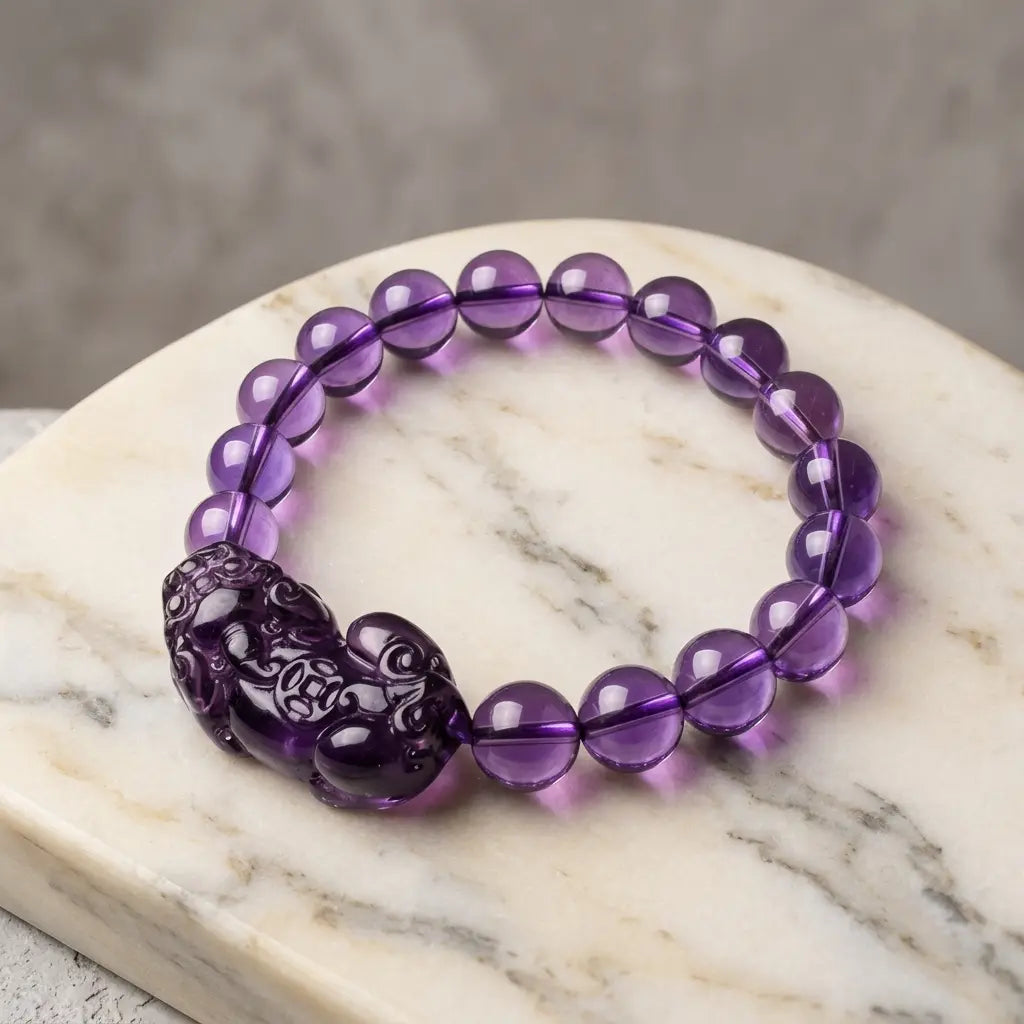 Natural amethyst bracelet on marble platform with healing crystal beads and elegant gemstone design