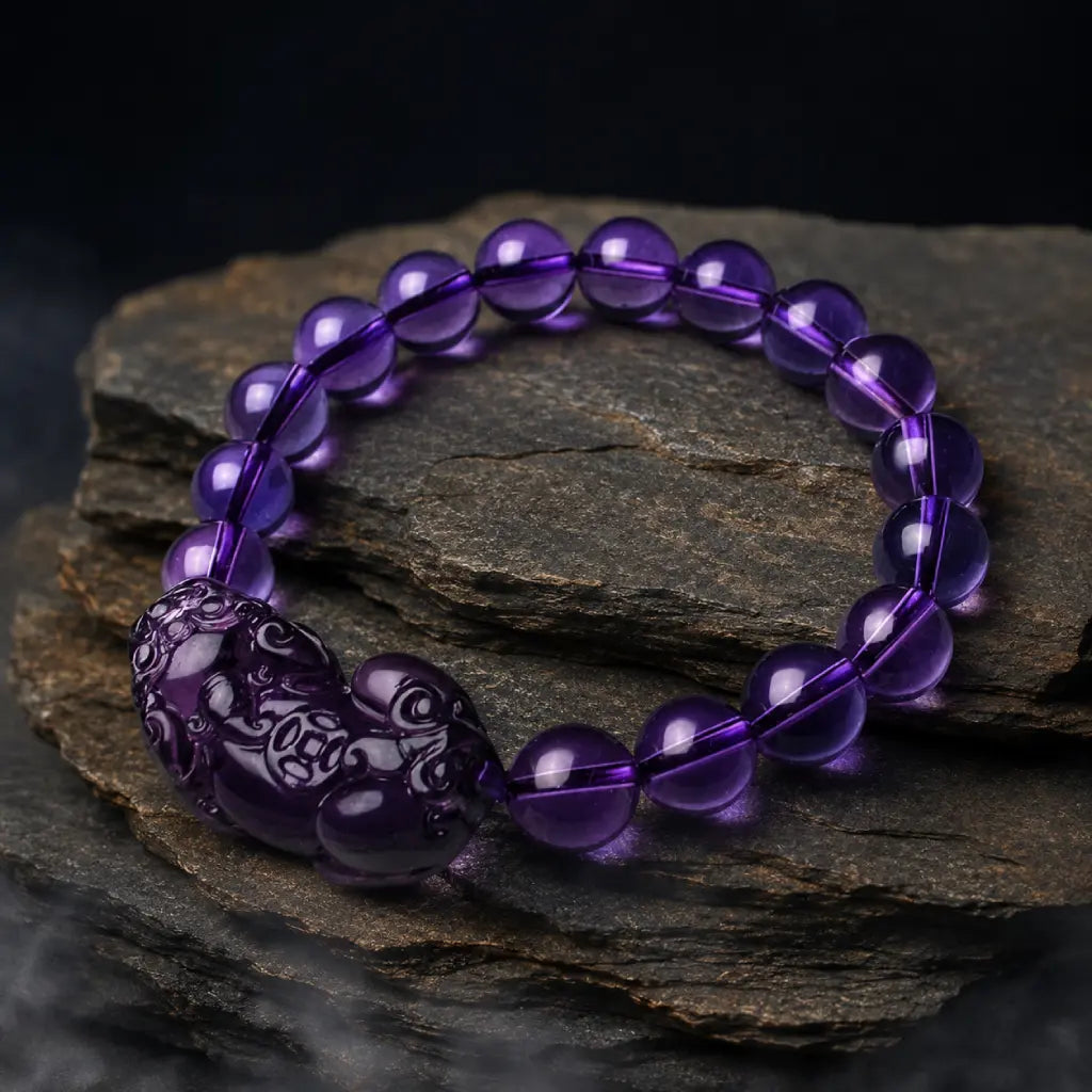 Natural amethyst bracelet on layered slate stone featuring purple gemstone beads and crystal jewelry appeal