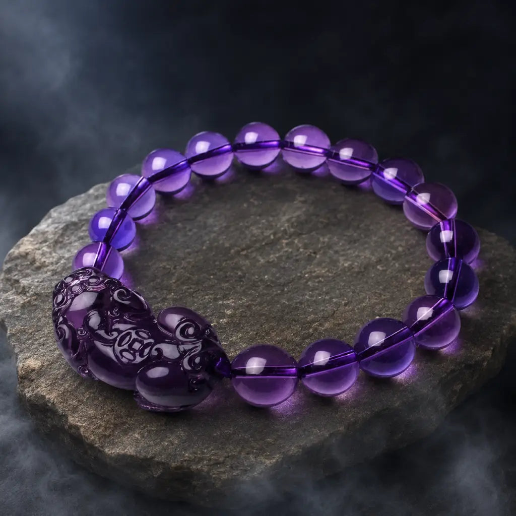 Natural amethyst bracelet displayed on natural rock with gemstone beads and crystal healing inspiration