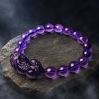 Natural amethyst bracelet displayed on natural rock with gemstone beads and crystal healing inspiration