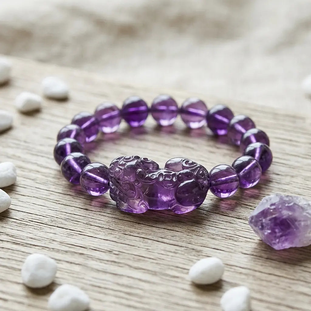 Natural amethyst bracelet with Pixiu charm on natural stone display featuring crystal jewelry energy