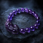Natural amethyst bracelet on dark stone background featuring healing crystal jewelry and luxury appeal