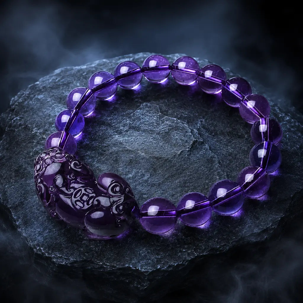 Natural amethyst bracelet on dark stone background featuring healing crystal jewelry and luxury appeal