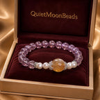 Natural ametrine citrine gemstone bracelet displayed in premium velvet box with pearl details for gifting.