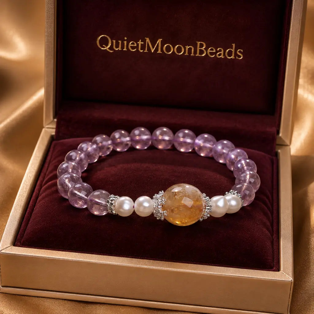 Natural ametrine citrine gemstone bracelet displayed in premium velvet box with pearl details for gifting.