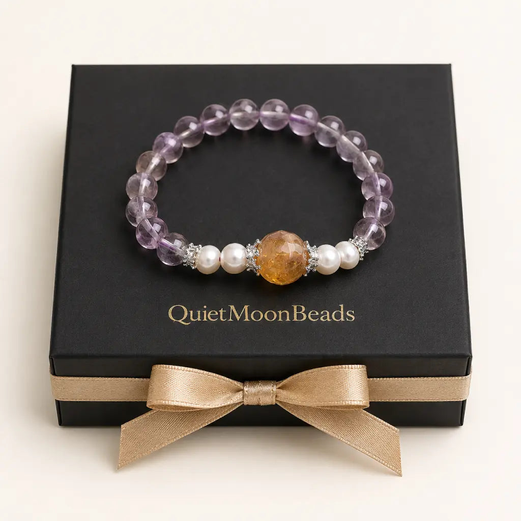 Natural ametrine citrine gemstone bracelet displayed on premium gift box with handcrafted crystal design.