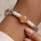 Natural ametrine citrine healing bracelet close-up with gemstone beads and elegant pearl accents.