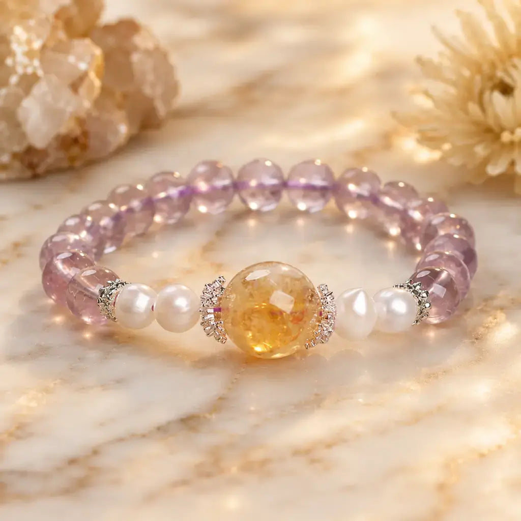 Natural ametrine citrine gemstone bracelet featuring healing crystal beads and luxurious pearl details.