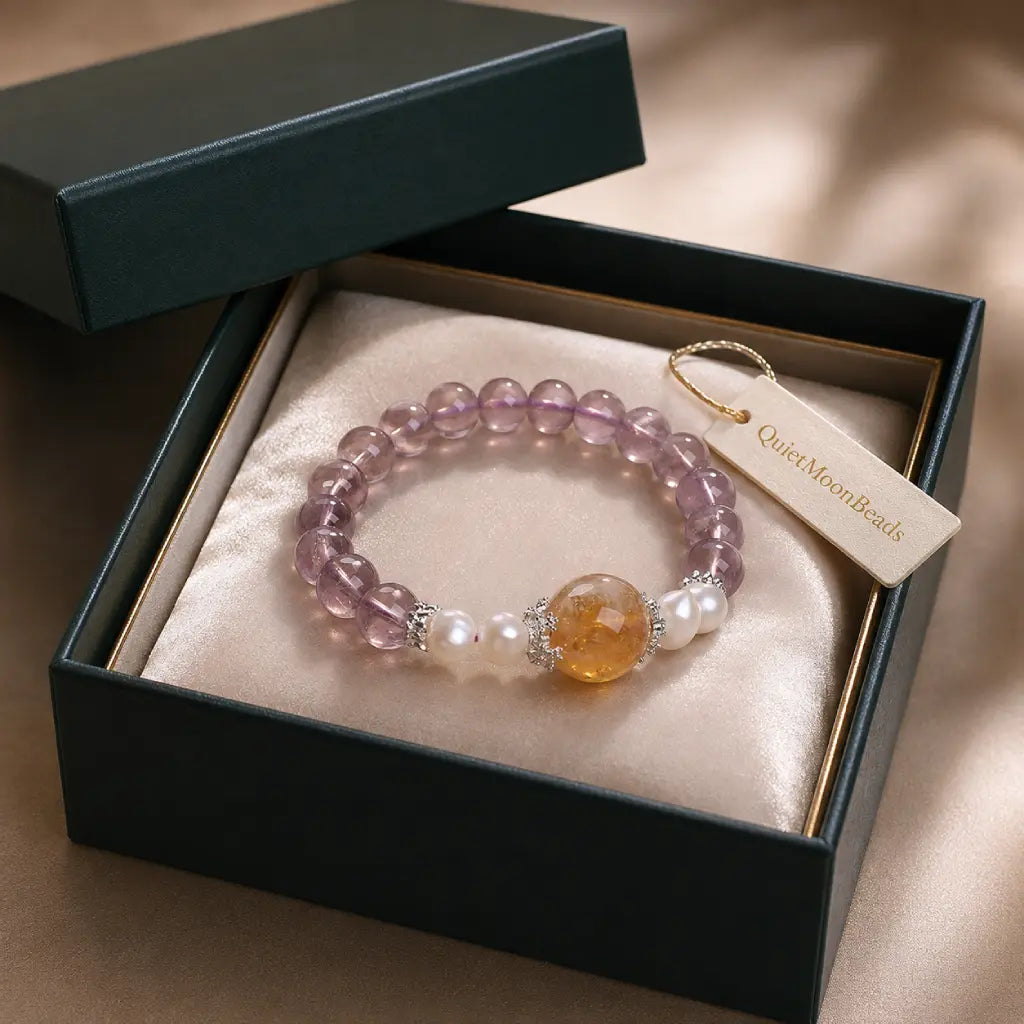 Natural ametrine citrine healing bracelet inside luxury packaging with pearl gemstone accents for gifting.