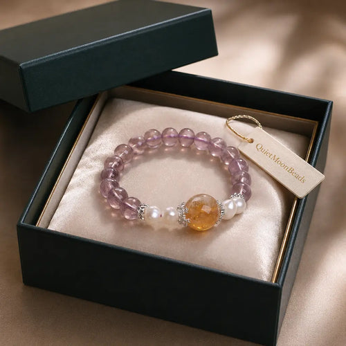 Natural ametrine citrine healing bracelet inside luxury packaging with pearl gemstone accents for gifting.