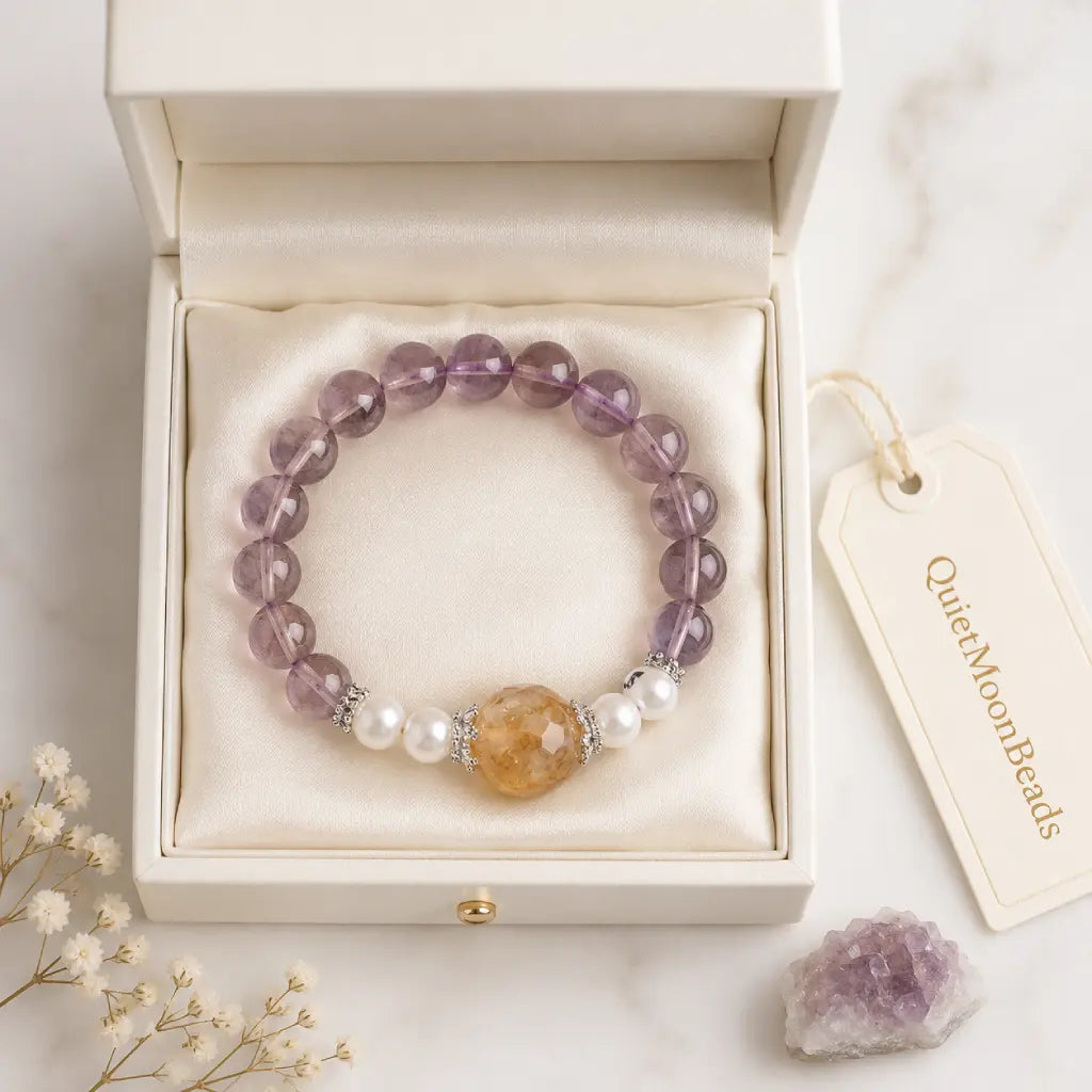 Natural ametrine citrine pearl bracelet in elegant jewelry box featuring healing stone craftsmanship.