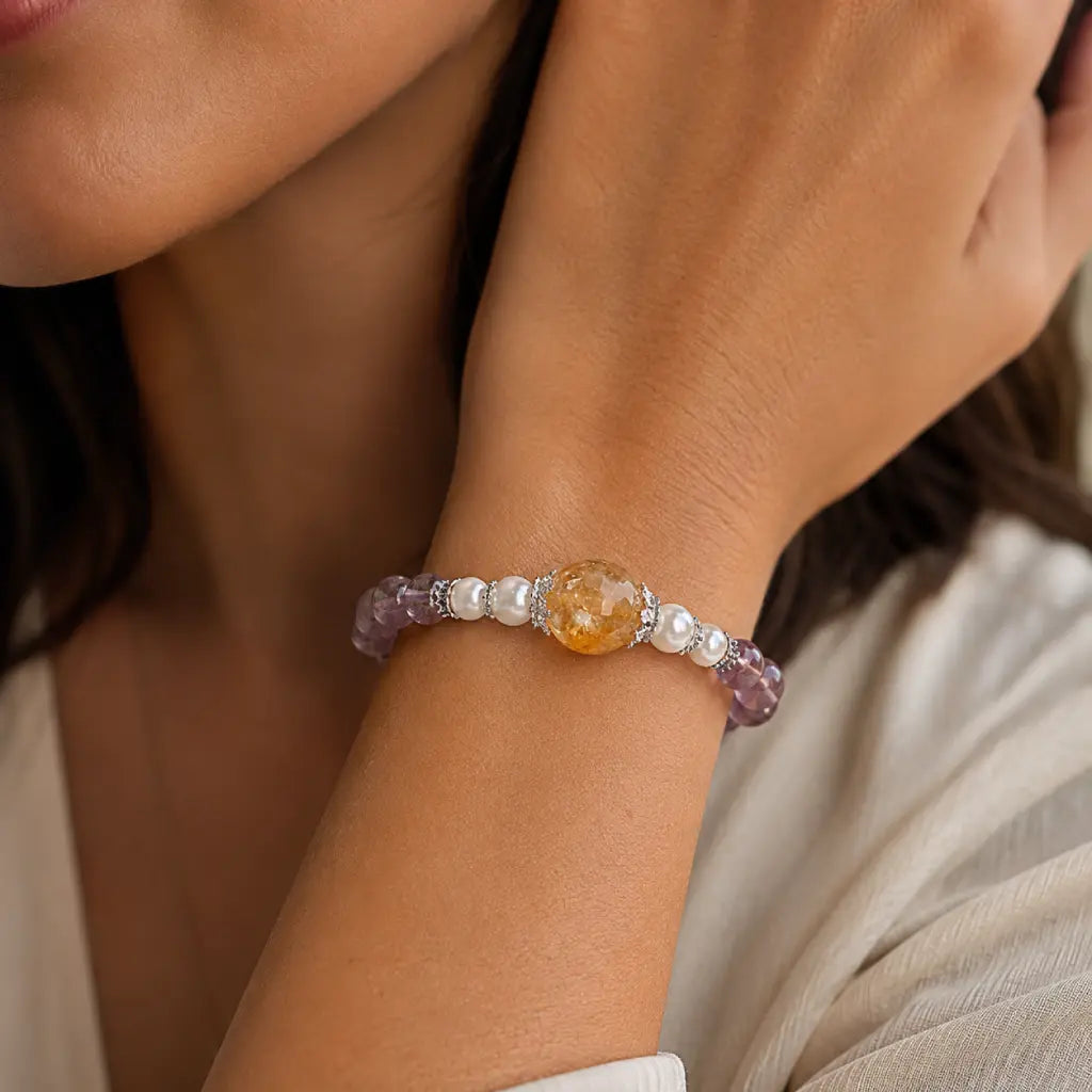 Natural ametrine citrine bracelet worn as stylish gemstone jewelry with polished crystal elegance.