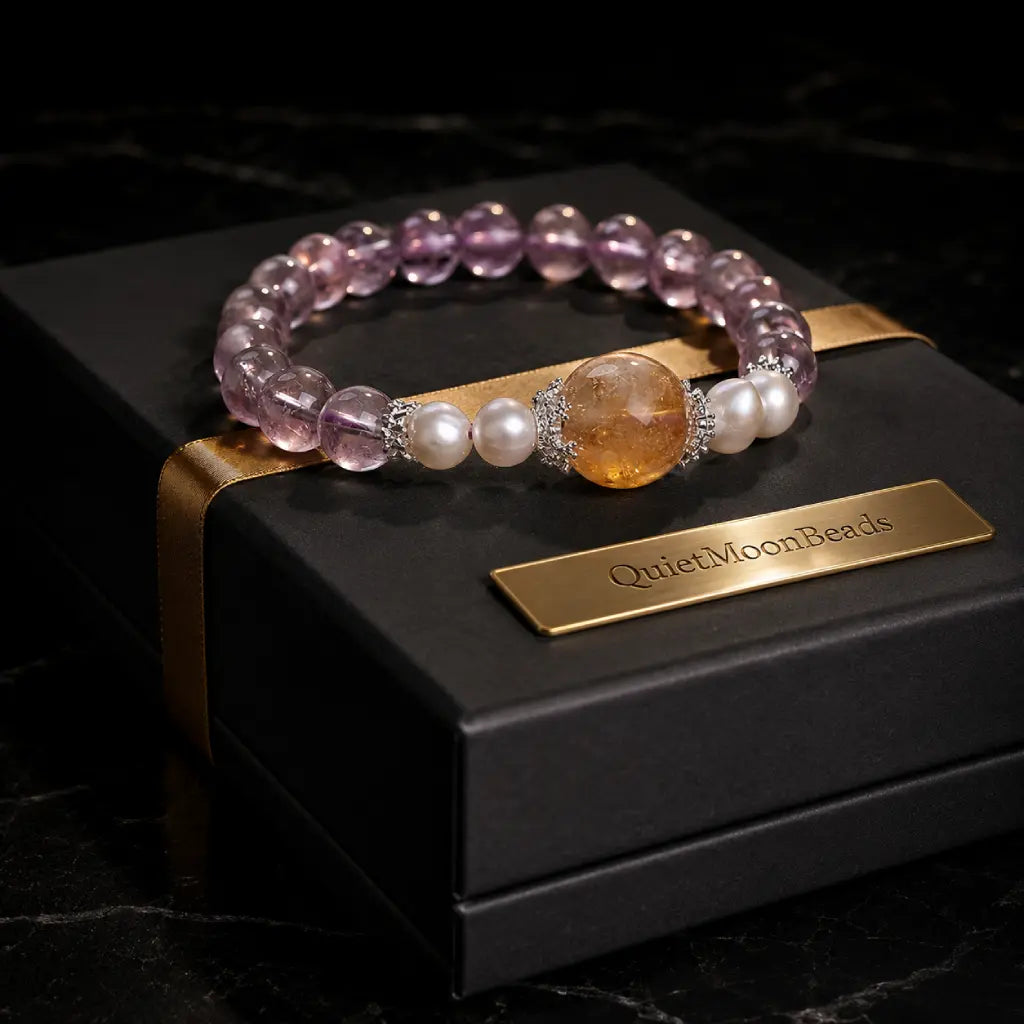 Natural ametrine citrine healing crystal bracelet with pearl accents on premium luxury jewelry display.