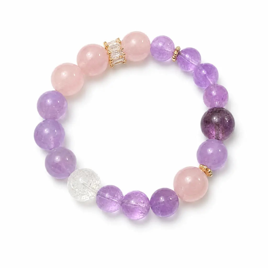Natural Rose Quartz Amethyst Clear Quartz Crystal bracelet with pink and purple gemstones for elegant healing style.