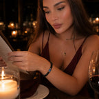 Obsidian lapis lazuli bracelet styled with elegant evening wear while dining, featuring polished gemstone beads for timeless fashion.