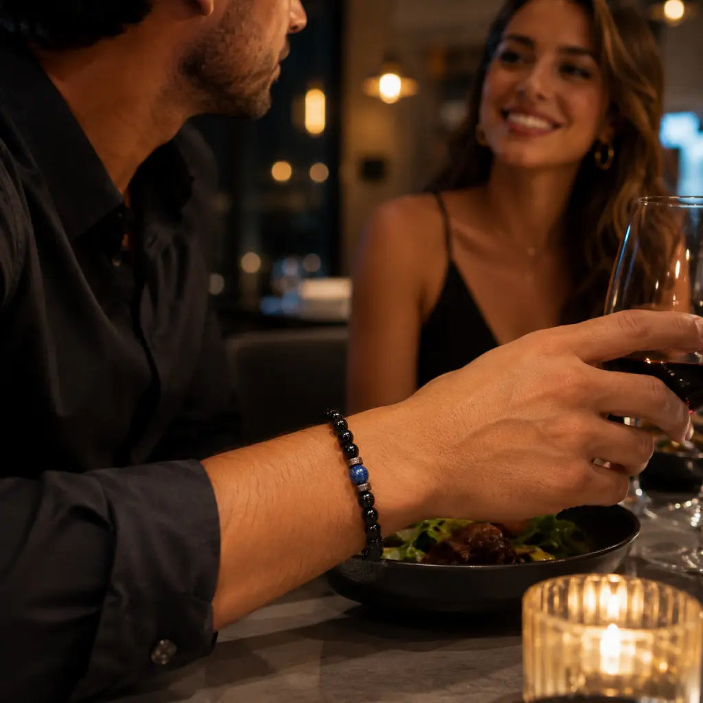 Obsidian lapis lazuli bracelet worn during an elegant dinner date, featuring polished black gemstone beads for refined everyday style.