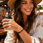 Obsidian tiger eye bracelet styled with boho fashion and coffee cup, elegant crystal jewelry for everyday wear