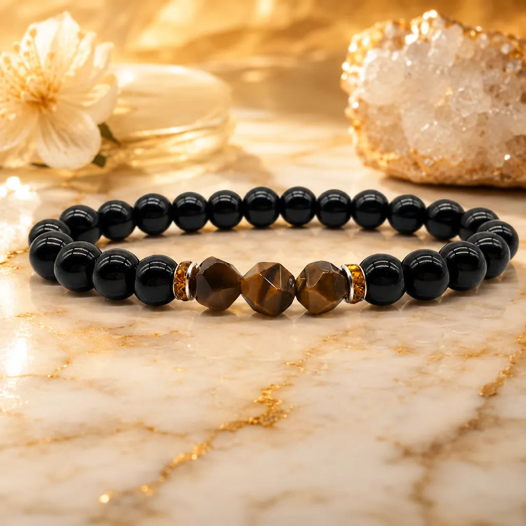 Obsidian tiger eye gemstone bracelet isolated on white background, protective crystal jewelry for daily wear