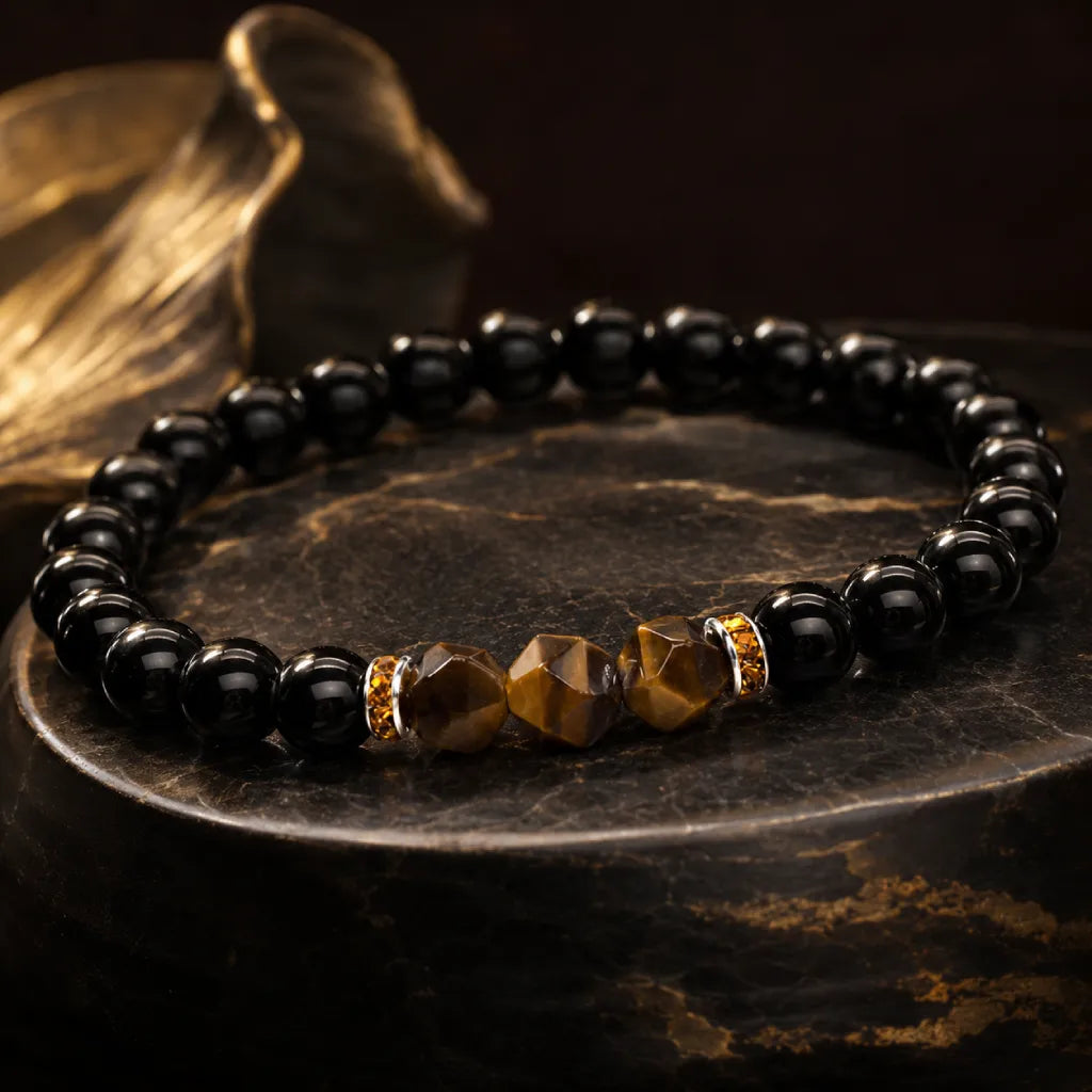 Obsidian tiger eye gemstone bracelet with polished black beads, spiritual protection jewelry for daily energy