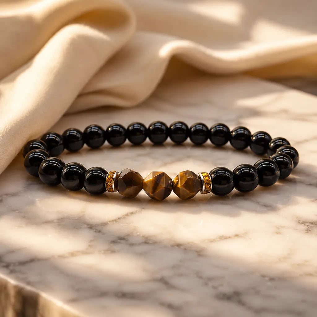 Obsidian tiger eye bracelet with glossy black beads, luxury crystal jewelry for grounding daily wear