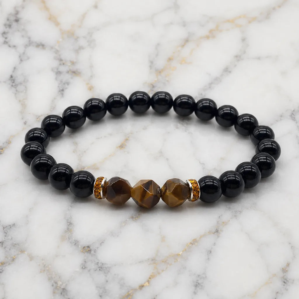 Obsidian tiger eye premium bracelet with polished gemstones, spiritual jewelry promoting strength and focus