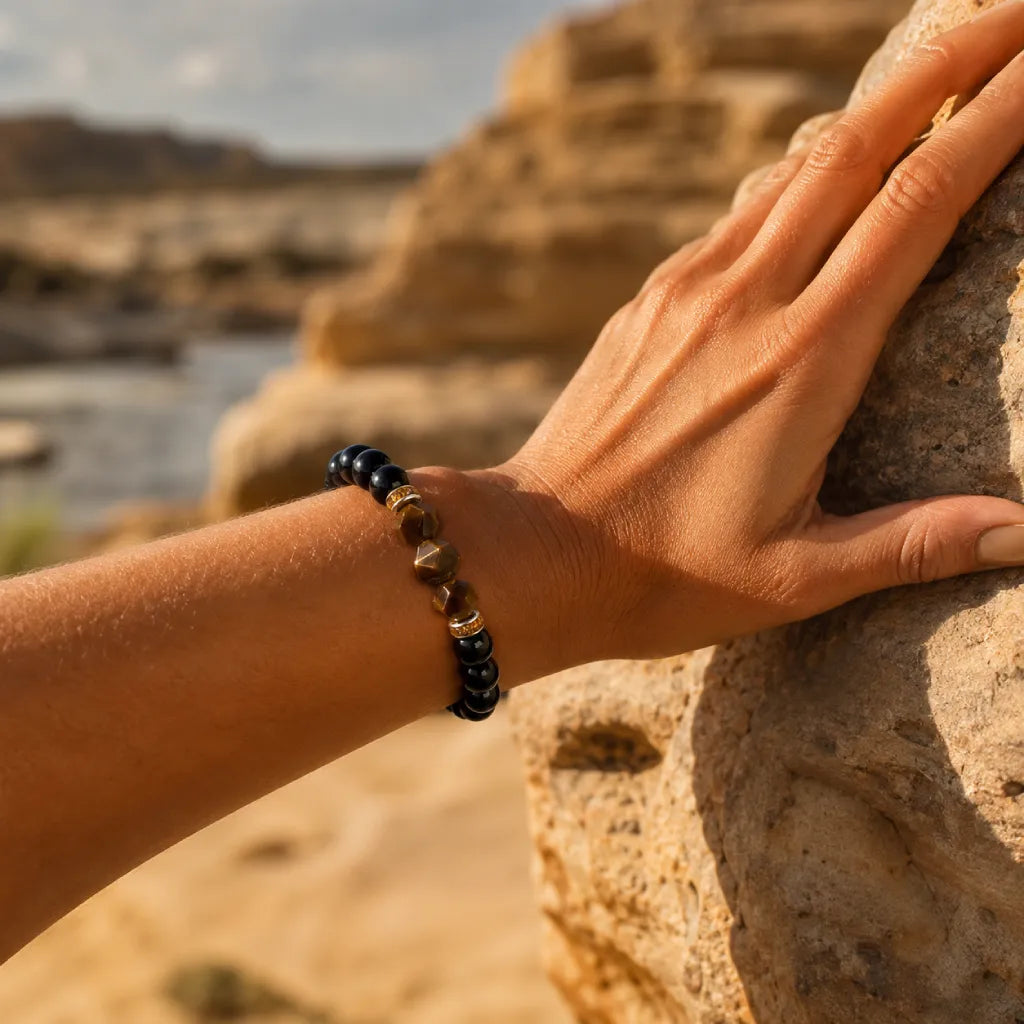 Obsidian tiger eye protection bracelet worn outdoors, empowering crystal jewelry for strength and resilience