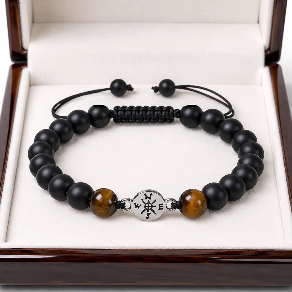 Onyx and Tiger eye bracelet displayed in elegant gift box with polished gemstone beads and premium design.