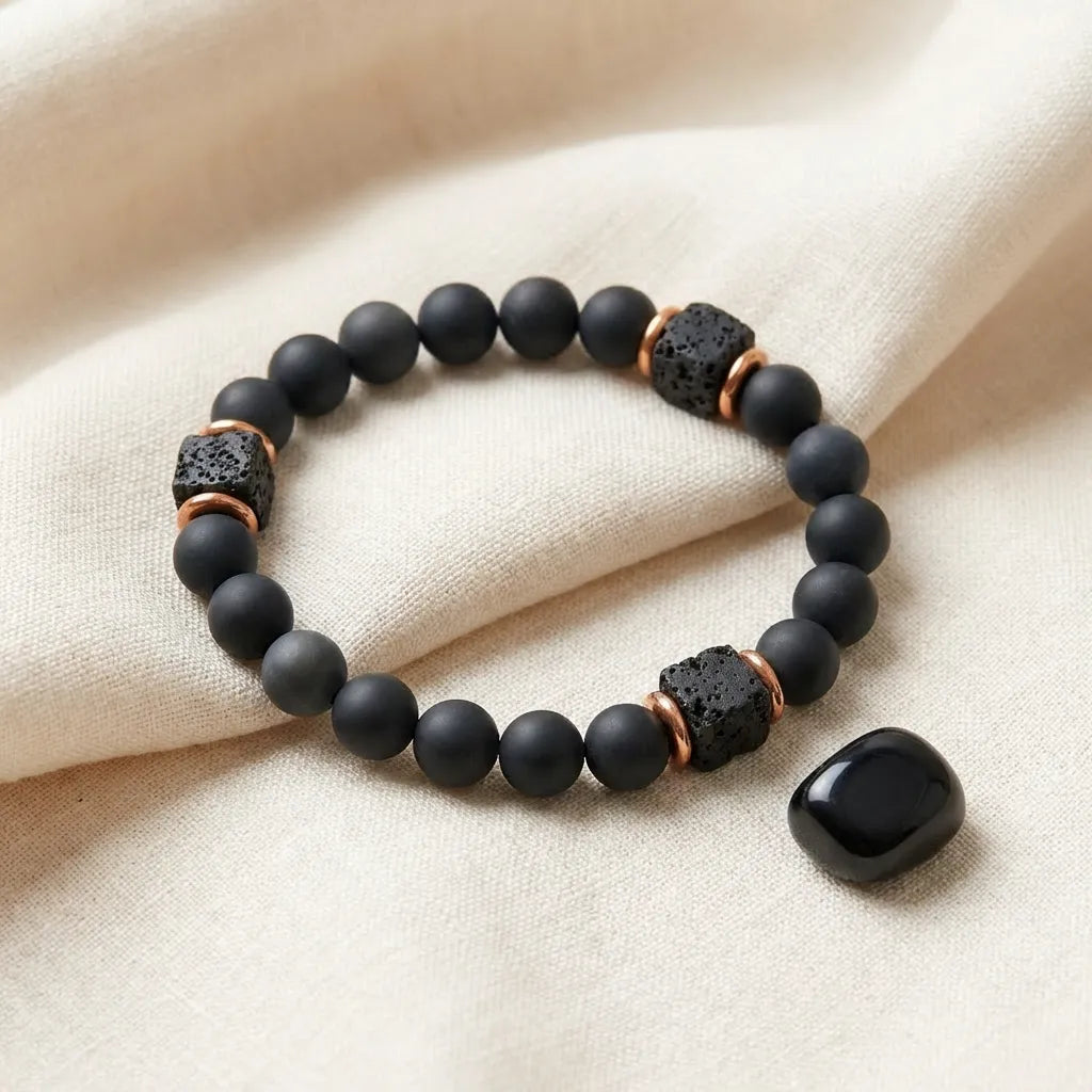 Onyx lava bracelet on soft linen with matte black beads, lava stone cubes, and grounding protection calm vibes