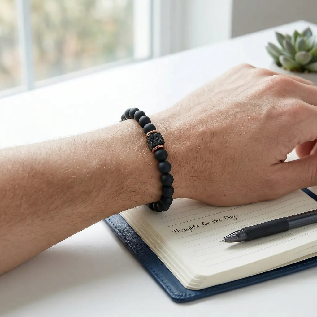 Person writing in a notebook with a pen, wearing a black beaded bracelet on a light surface.