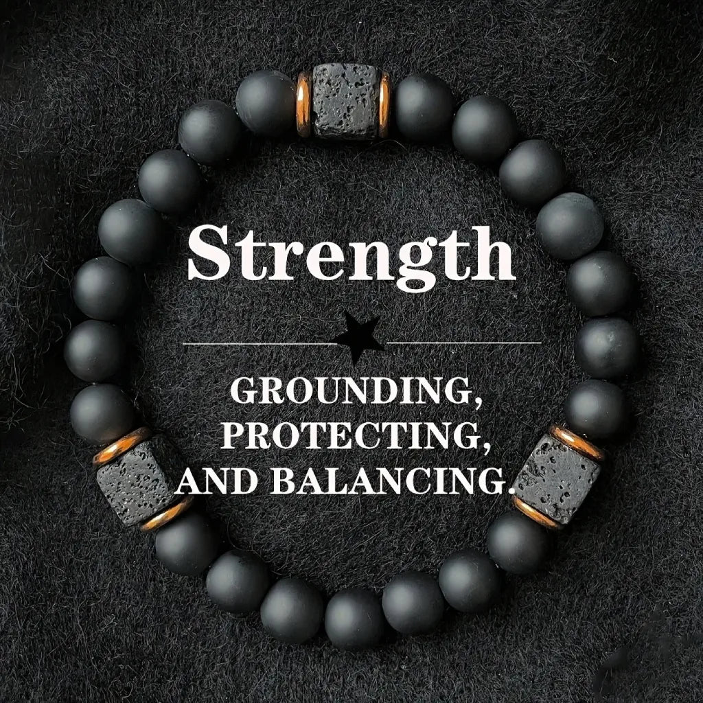Onyx lava bracelet with matte black beads and lava stone spacers, grounding crystal jewelry for strength and balance
