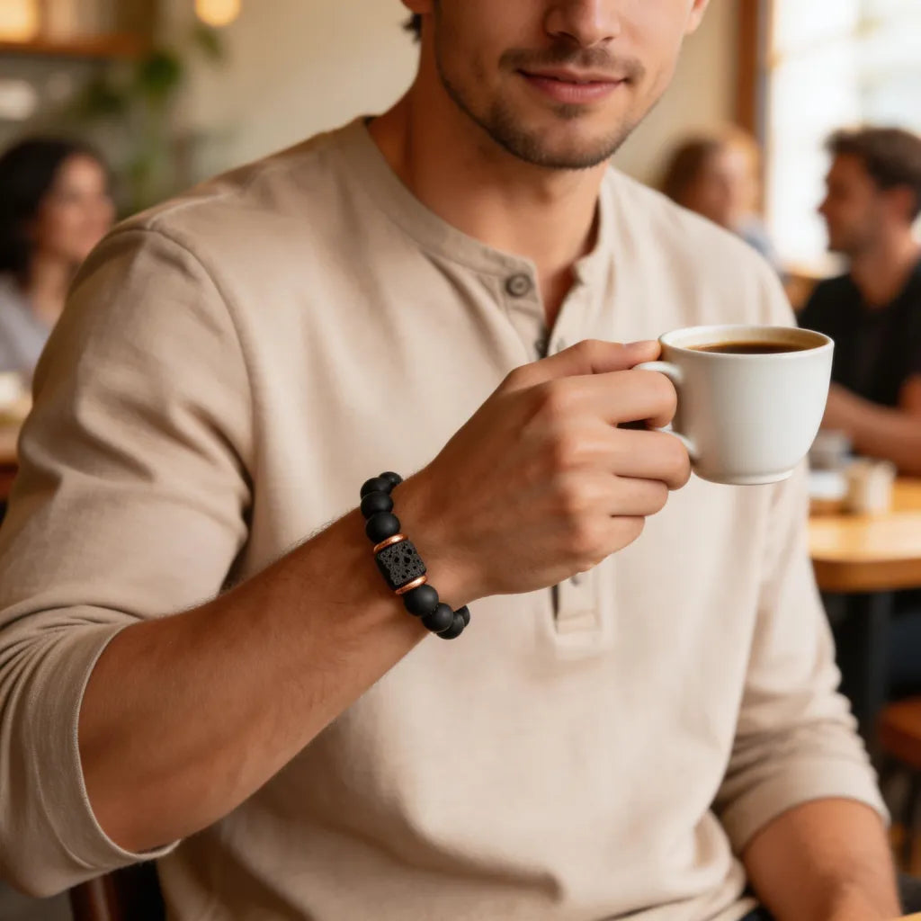 Man holding a white mug of coffee in a casual setting