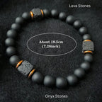 Onyx lava bracelet size image with matte black beads and lava stones, measuring 18.5 cm for easy stretch comfort